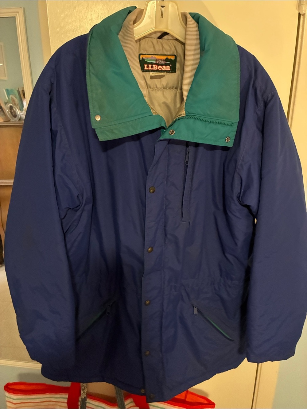 L.L. Bean Men's Navy Puffer Jacket with Teal Collar
